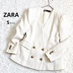 【美品】ZARA ダブルブレストジャケット S ノーカラー ブレザー 金ボタン