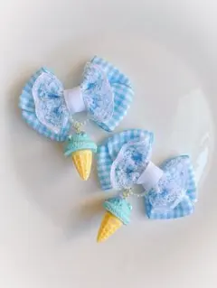 キッズ　ヘアゴム　リボン　リボンゴム　ハンドメイド　アイス　ブルー　チェック