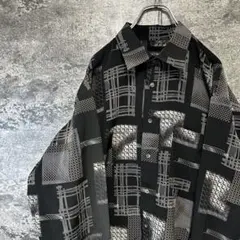 あ*ぽ様 古着　90s 総柄シャツ　ポリシャツ　幾何学模様　アート　モノトーン