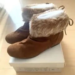 【新品】ファー付き スエードブーツ ショートブーツ バックリボン 茶 LLサイズ