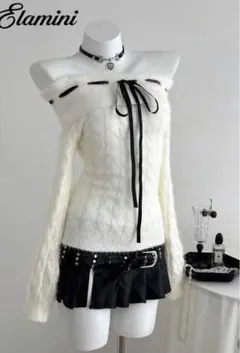 オフショルダー ニットセーター ホワイト