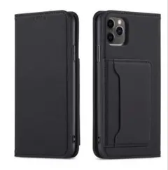 iPhone11ProMax ブラック黒 高級感 シンプル レザー 手帳型ケース