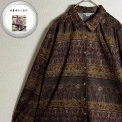 レディース　90s風　レトロ　総柄シャツ　幾何学模様　ブラウン系　古着