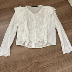 ZARA 刺繍フリル 長袖ブラウス ホワイトのサムネイル