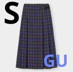 GU チェックプリーツミディスカート ブルー S 完売品 ベルト付