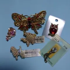 ビンテージ風ブローチセット（蝶・フクロウ）