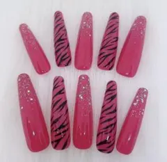 ネイルチップ/ギャル/ゼブラ/ビビットピンク