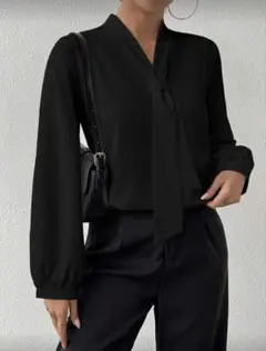 リボン付き黒長袖ブラウス シャツ