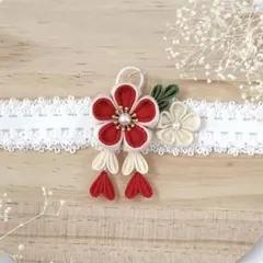 雛祭り　つまみ細工のベビーヘアバンド　赤ちゃん髪飾り　初節句　お食い初め　赤色