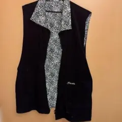 リバーシブル　黒×ゼブラ柄　ベスト Paris刺繍　L
