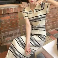 ポロシャツ風 ニットタイトワンピース