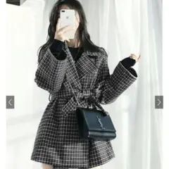 リボンベルト付き千鳥格子柄コート【at1410］