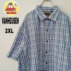 USA古着 VANHEUSEN　半袖ボタンシャツ2XL　ブルーホワイト　チェック