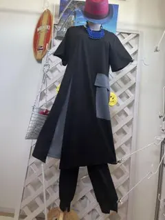 301 新品 夢地哉 ムジヤ黒ブラック 綿100%ツートンカラーワイド パンツ