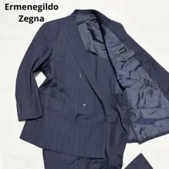 ゼニア生地 イタリア製 ダブル スーツ 濃紺 ストライプ M相当 高級感 009