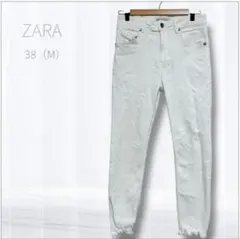 ザラ ホワイト ダメージスキニーデニム ストレッチジーンズ M 裾フリンジ