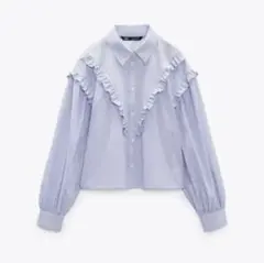 ZARA ザラ フリル付きストライプ柄ポプリンシャツ 長袖 ブルー