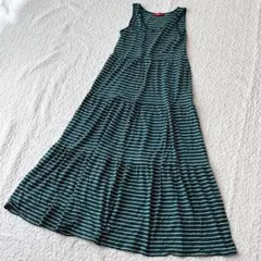 アース Aライン ノースリーブ ワンピース ボーダー グリーン F ロング