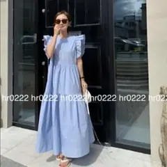 袖フリルノースリーブフレアロングワンピース★半袖 ゆったり ティアードフリル