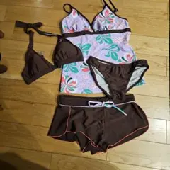 お*め様 花柄水着セット（ブラウン・パープル）