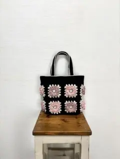 モチーフ編み　手編み　お花　コットン　バッグ　ハンドメイド　No.322