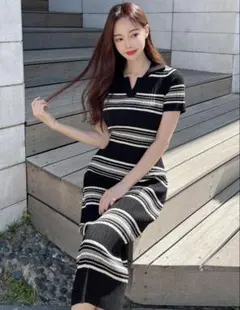 SHEIN【Dazy】ストライプ柄セーターワンピース ボーダー柄 ブラック XL