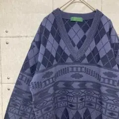 古着　ニット　アーガイル柄　幾何学模様　総柄　Vネック　日本製　薄手　紺系　M