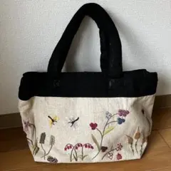 花とトンボの刺繍トートバッグ 花柄 手刺繍 新品未使用