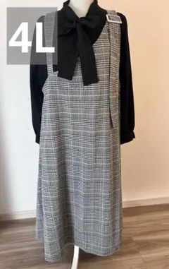 千鳥柄 アシンメトリーサロペットワンピース ロング丈 ゆったりサイズ