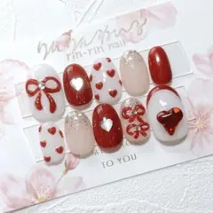 現品 フレンチガーリー赤推しリボンネイル ハートビジューネイル 韓国 ワンホン夏