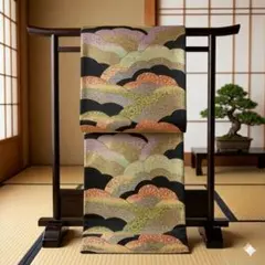 【最高級】正絹 袋帯 黒地 金彩 山並み 華文 六通柄 436cm 逸品