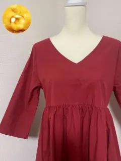 Mite 可愛い♡レッド7分袖 ロングワンピース フレアスカートサイズフリー