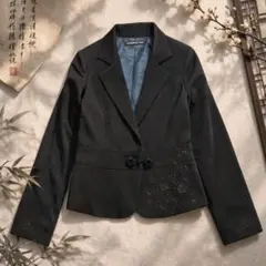 【新品同様】VIVIENNE TAM 中国雲裏地 レーヨンテーラードジャケット黒 ウォッシャブル】メランジジャージ＆ナイロンレーヨンポンチ