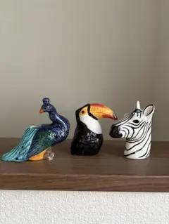 アニマルベース　3匹セット　動物の陶器小物セット（孔雀・トゥカン・シマウマ）