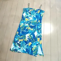 ワンピース　南国柄　ブルー系　M　目立ちにくい汚れあり　肩紐取り外し可能