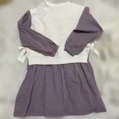 リボン付き七分袖 ドッキングワンピース（ホワイト・パープル）