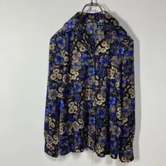 ヴィンテージ　花柄　ボタニカル　レトロボタン　開襟　ニット　長袖シャツ　古着
