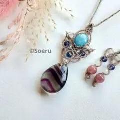 ファントムフローライト＆ラリマーのマクラメ編みネックレス
