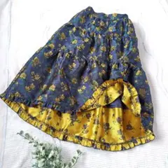 axes femmeフィッシュテールジャカードスカートヴィンテージ花柄紺イエロー