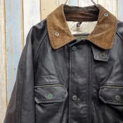 HA228☆レザージャケット☆スナップボタン☆ベルト☆襟コーデュロイ☆黒☆L相当