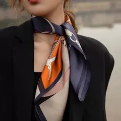 スカーフ　バンダナ　ネイビー　オレンジ　上品　シック　大人