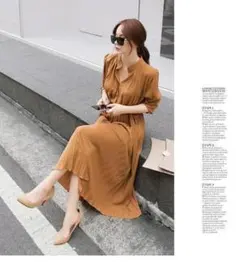 【M】プリーツフレアワンピース ロング シフォン 着痩せ 長袖 春 大人