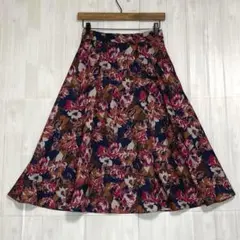 オフオン　花柄フレアロングスカート　ウエストゴム　ネイビー　F