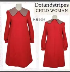 CHILD WOMAN DotandStripes ワンピース　丸襟　赤　ウール