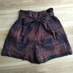 GUリボン付きキュロット 　ブラウン系チェック　麻混　Мサイズ