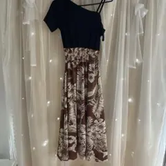 花柄ロング　茶色ワンピース Mサイズ　肩出しワンピ半袖