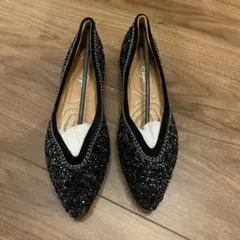ビーズ装飾 ブラック フラットシューズ 230