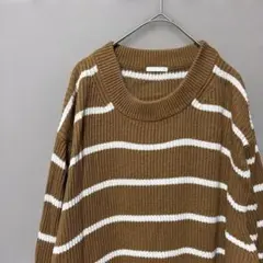 GU コットンクルーネックセーター(XL)ベージュ＆ホワイトボーダーニット