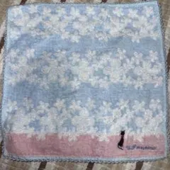 タオルハンカチ 花柄 猫 刺繍 ライトブルー ピンク