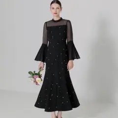 Leja パールビジュー付き透け感プリーツフレアスリーブビーズマーメイドドレス